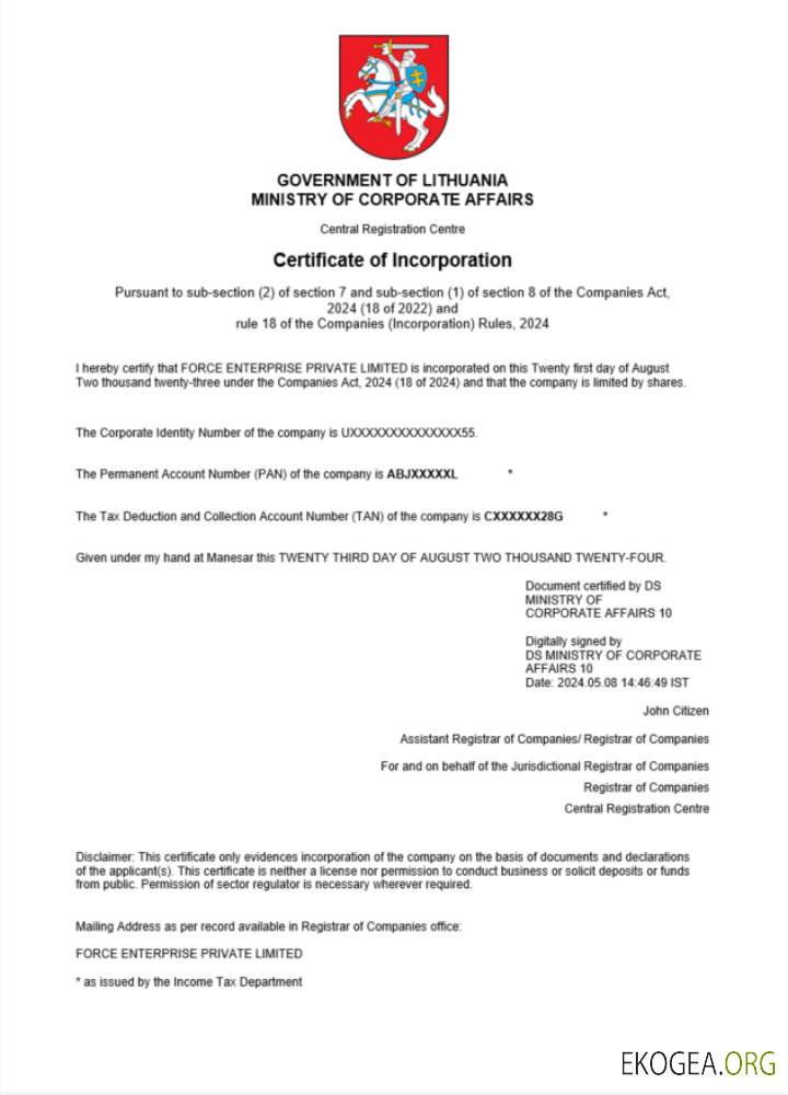 Modèle Word et PDF de certificat d'enregistrement de société en Lituanie